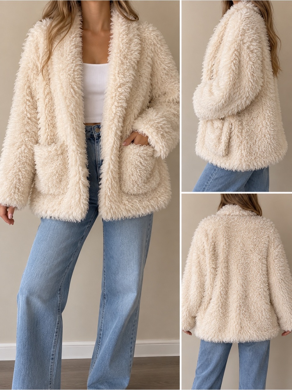 Love Tree Cream Shaggy Faux Fur Teddy Jacket Size Large